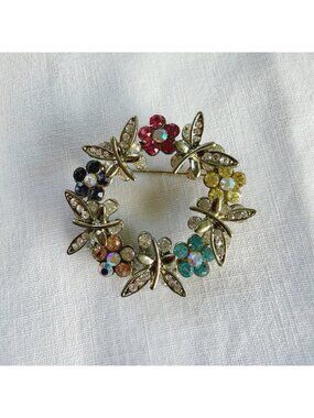 Butterfly And Floral Wreath Sparkling Multi-Color Rhinestones Brooch